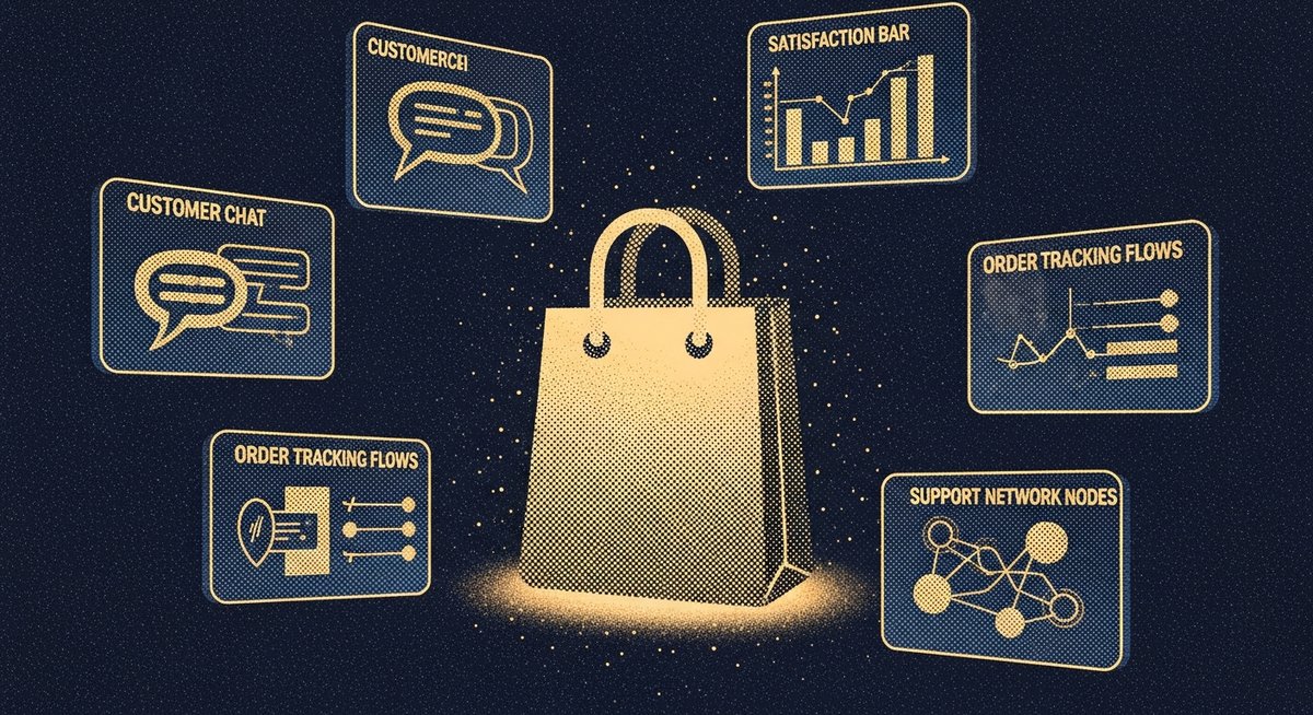 E-commerce AI support - halftone shopping bag with customer chat and satisfaction dashboards representing 80% auto-resolution