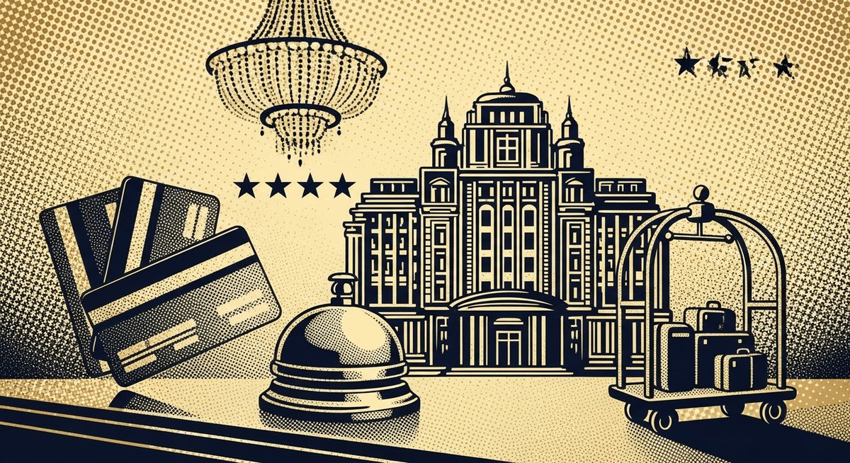 Hospitality AI automation - halftone hotel icon with guest experience dashboards representing 4.8-star satisfaction