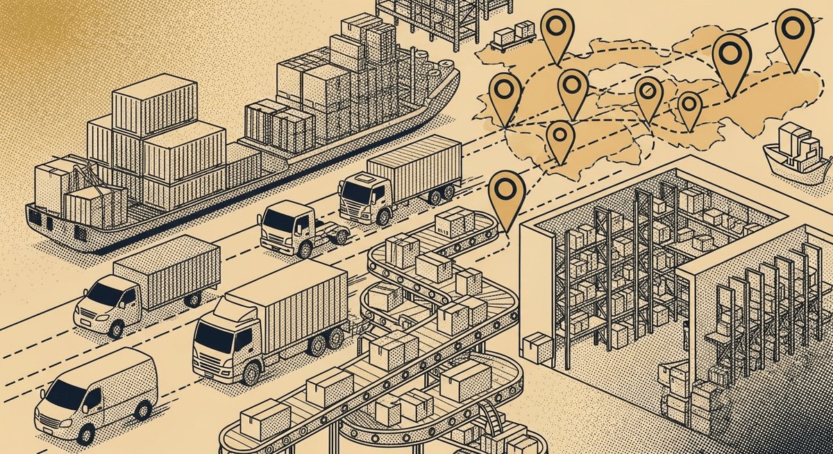 Logistics AI automation - halftone truck icon with route optimization dashboards representing 45% faster processing
