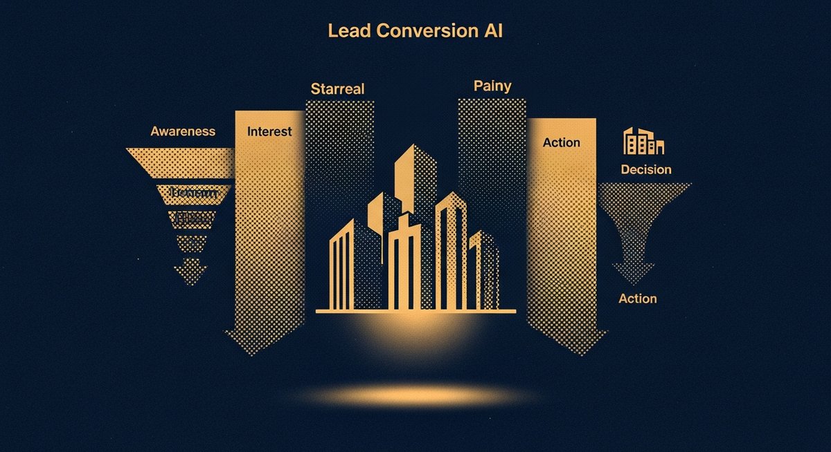 Real estate AI lead generation - halftone buildings with conversion funnels representing 3x lead conversion improvement