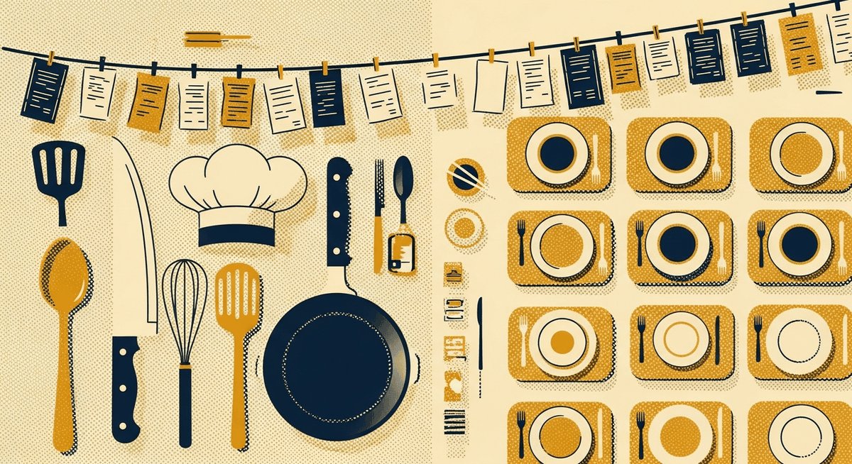 Restaurant AI automation - halftone chef hat with scheduling and inventory dashboards representing 35% cost reduction