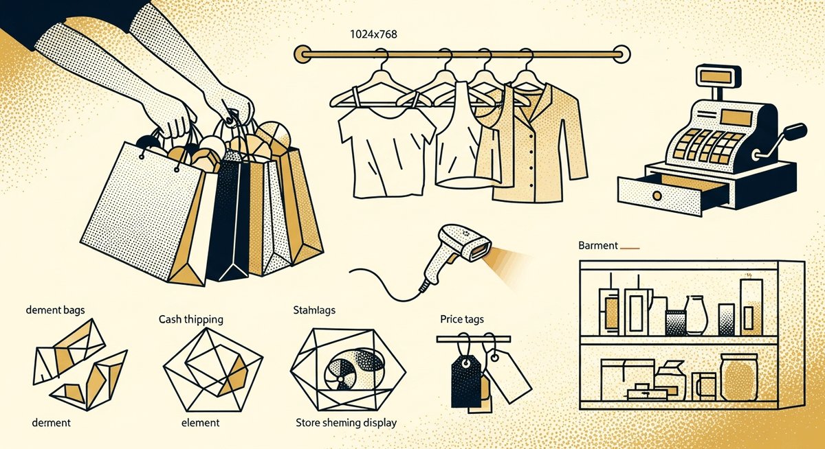 Retail AI automation - halftone shopping bag with inventory and customer dashboards representing 38% revenue increase